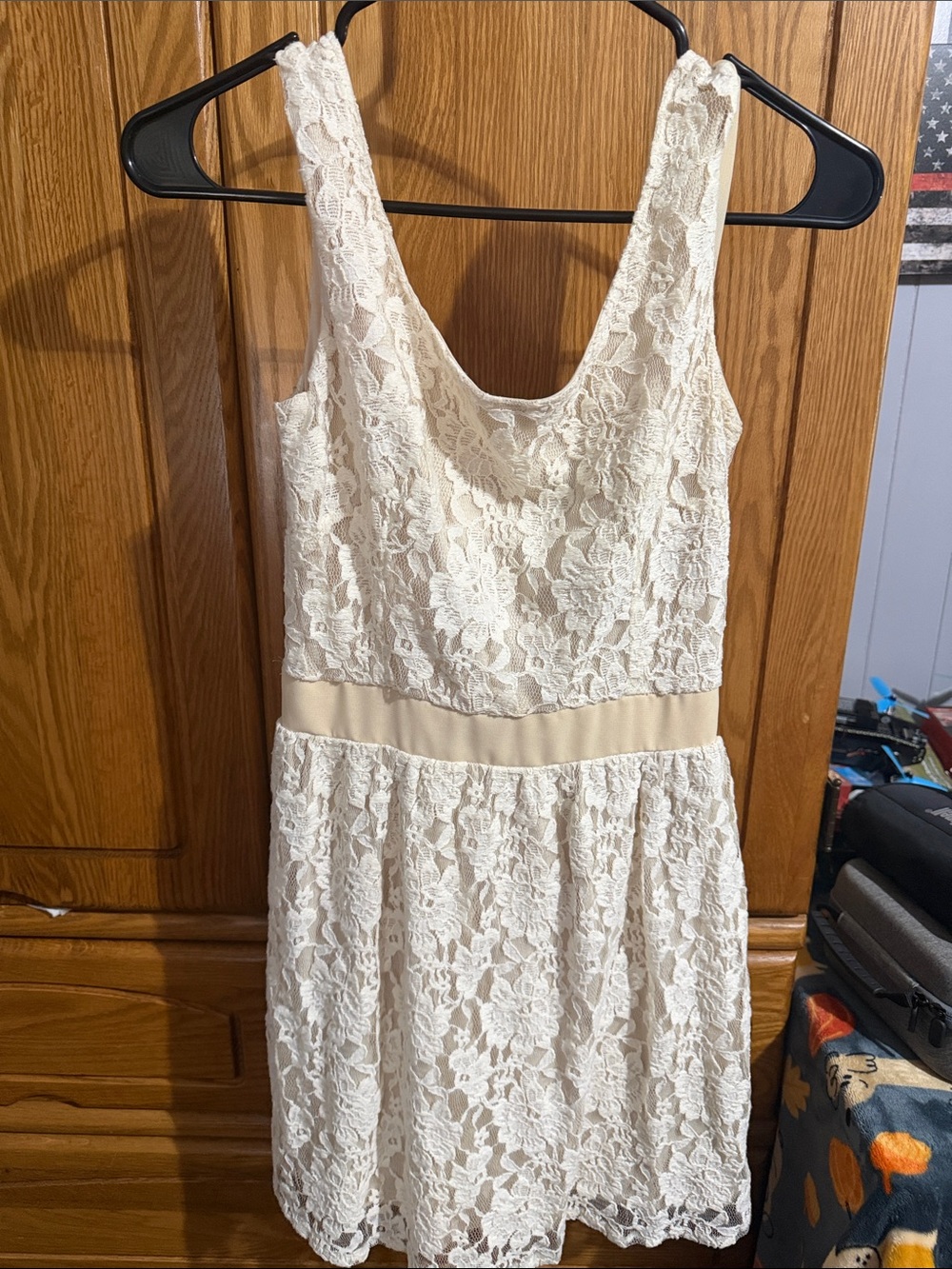 American Eagle Outfitters Ivory Lace Mini Dress with Cream Waistband